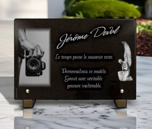 Plaque funéraire ange et appareil photo pour tombe de photographe