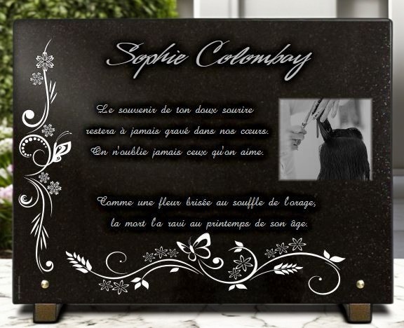 Plaque funéraire coiffeuse avec fleurs et papillon