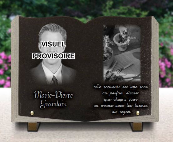 Plaque funéraire livre avec photo et gravure jardinier