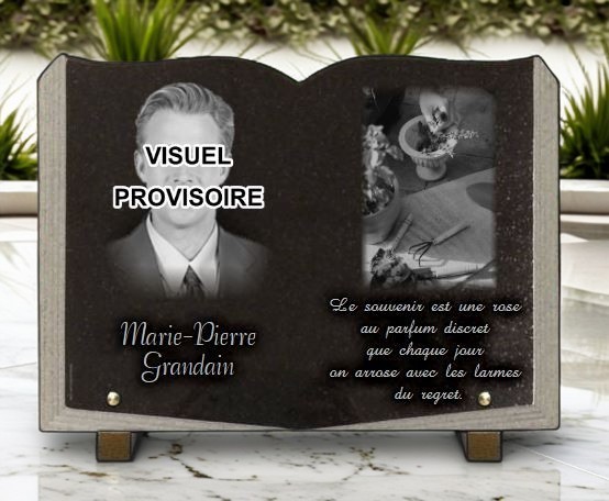 Plaque funéraire livre avec photo et gravure jardinier