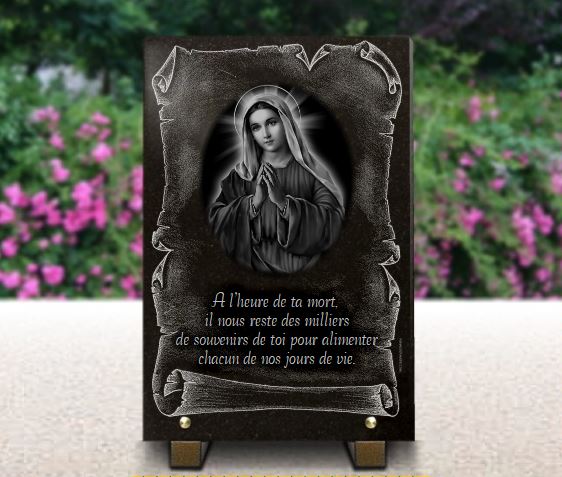 Plaque funéraire en granit avec gravure Sainte Vierge Marie