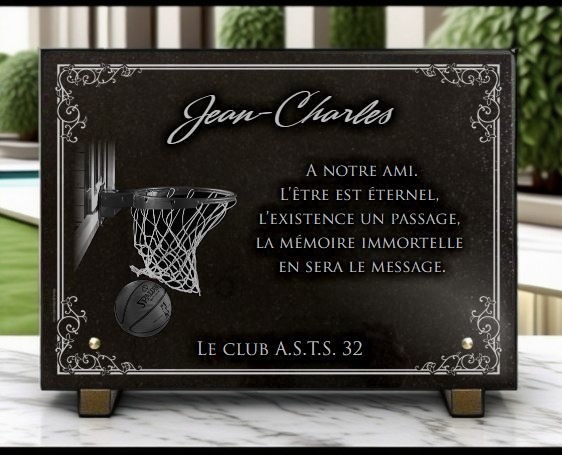 Plaque funéraire panier, ballon de basket