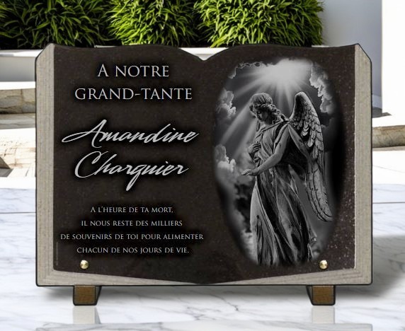 Plaque funéraire livre en granit avec gravure d'un ange