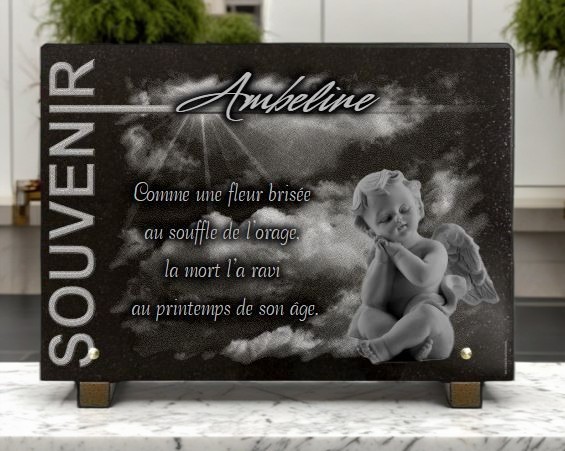 Plaque funeraire pour enfant, bébé avec ange et rayons de soleil