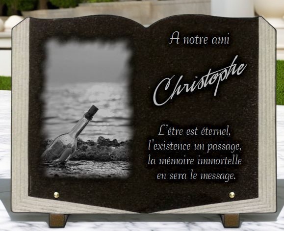 Plaque funeraire bouteille à la mer, livre en granit