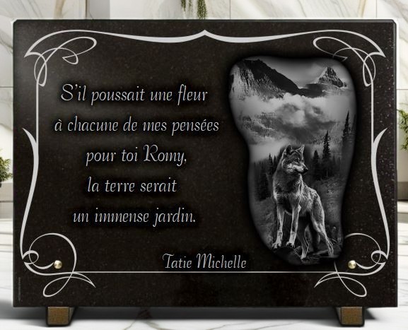 Plaque funéraire personnalisée, montagnes et chien loup