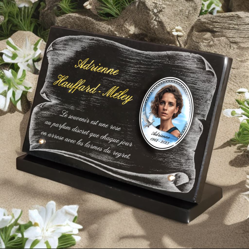 Plaque funéraire personnalisée avec parchemin et photo