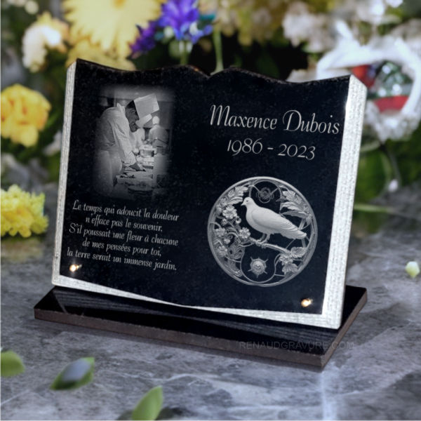 Plaque funeraire personnalisée cuisinier colombe et fleurs
