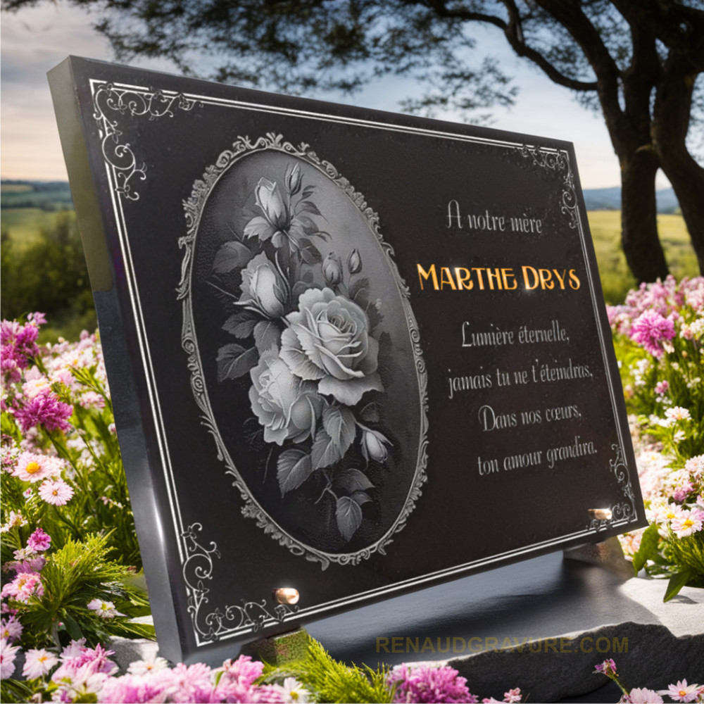 Plaque funèbre en granit gravé avec bouquet de roses et dorure