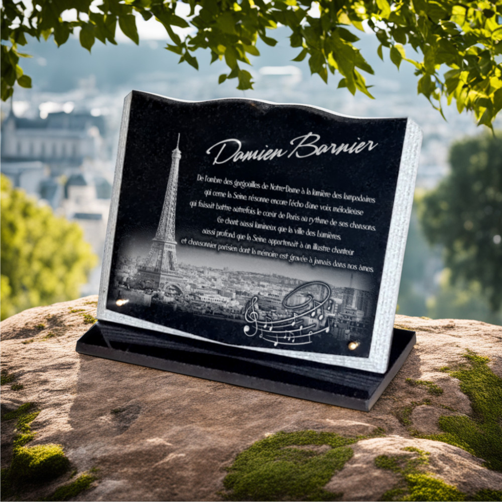 Plaque funeraire Paris sur livre en granit avec socle