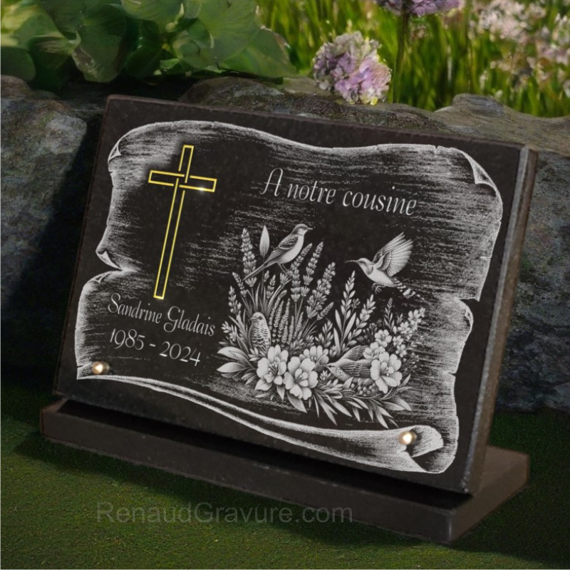 Cette plaque funéraire oiseaux et fleurs est personnalisable