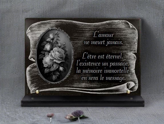 plaque de tombe personnalisée bouquet de roses, parchemin sur socle