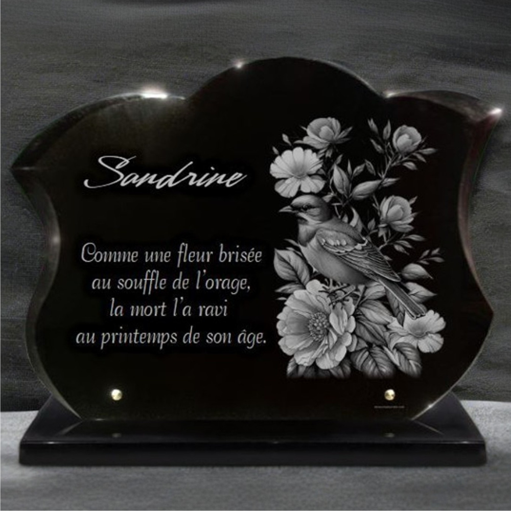 Plaque funéraire personnalisée bouquet de fleurs et oiseaux