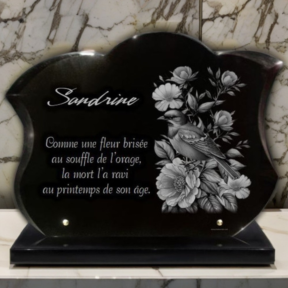 Plaque funéraire personnalisée bouquet de fleurs et oiseaux