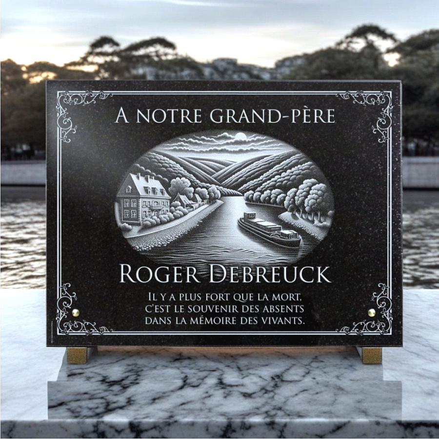 Plaque funeraire péniche, bateau, rivière fleuve en granit gravé