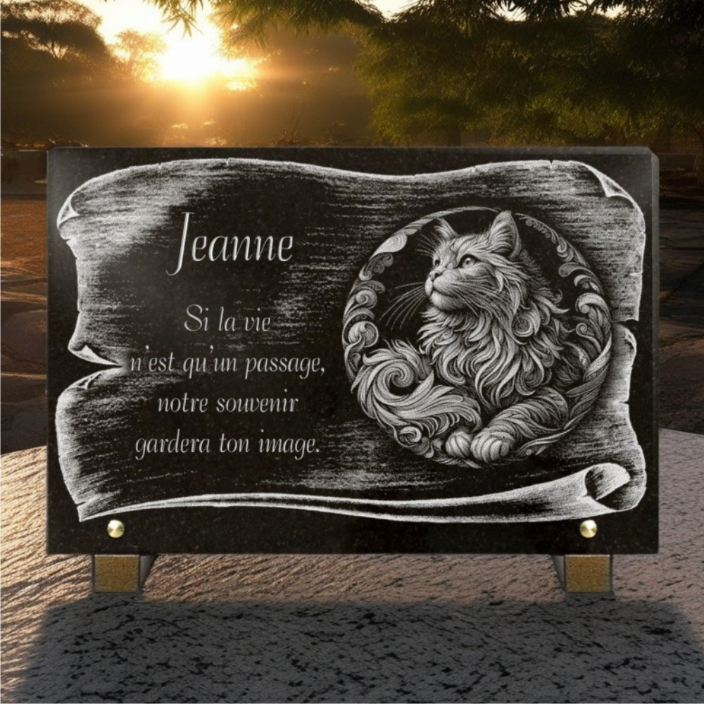 Plaque funeraire chat et parchemin en gravure sur granit.