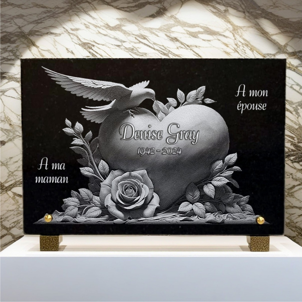 Plaque funeraire coeur en granit avec colombe et rose