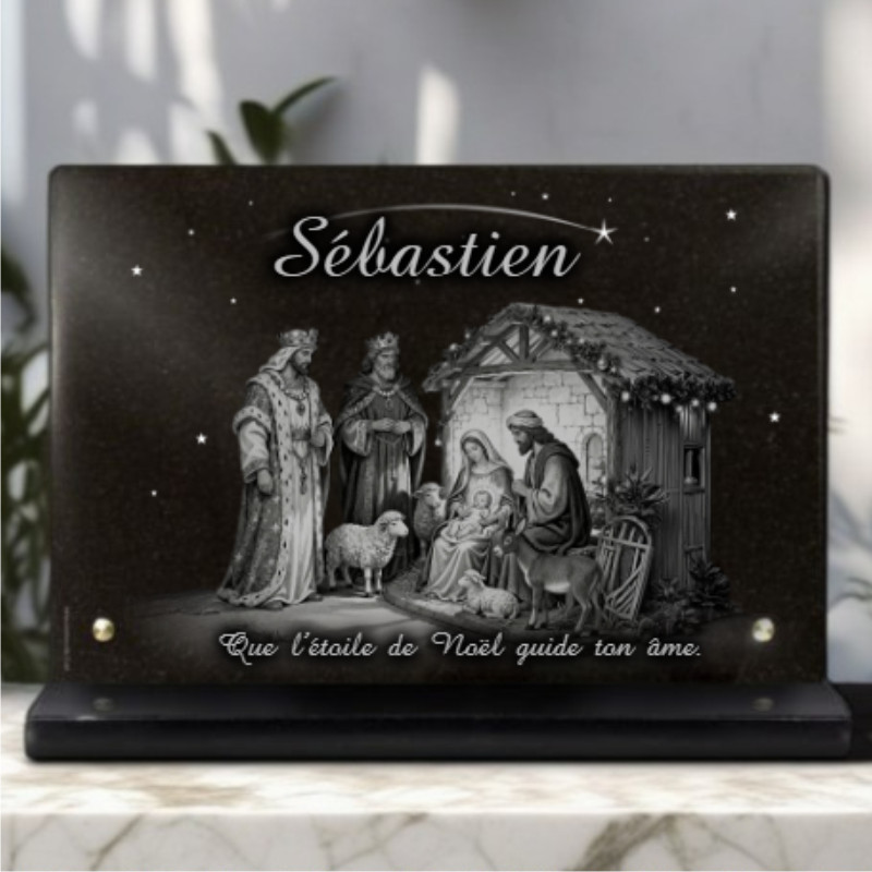 Plaque funeraire crèche et nativité en gravure sur granit | Qualité luxe 