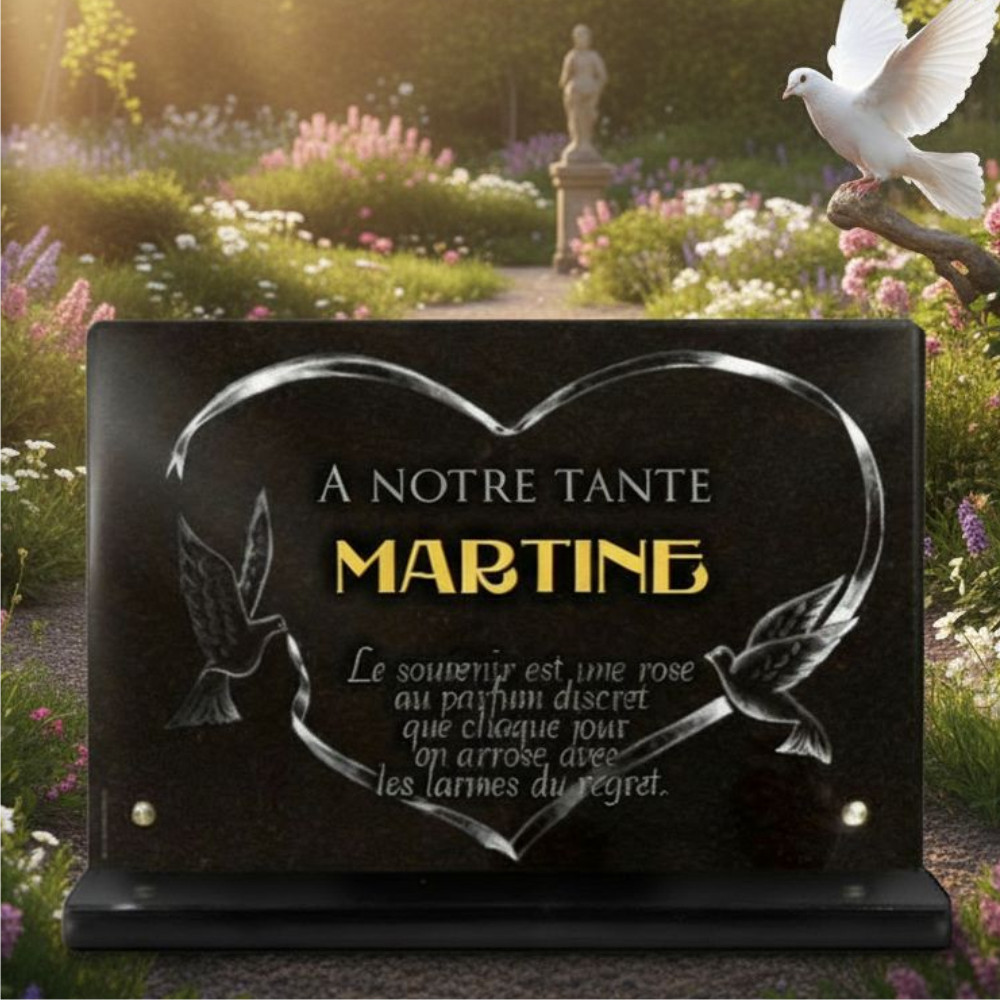 Plaque funéraire avec coeur en granit noir et deux colombes gravées 30 x 20 cm