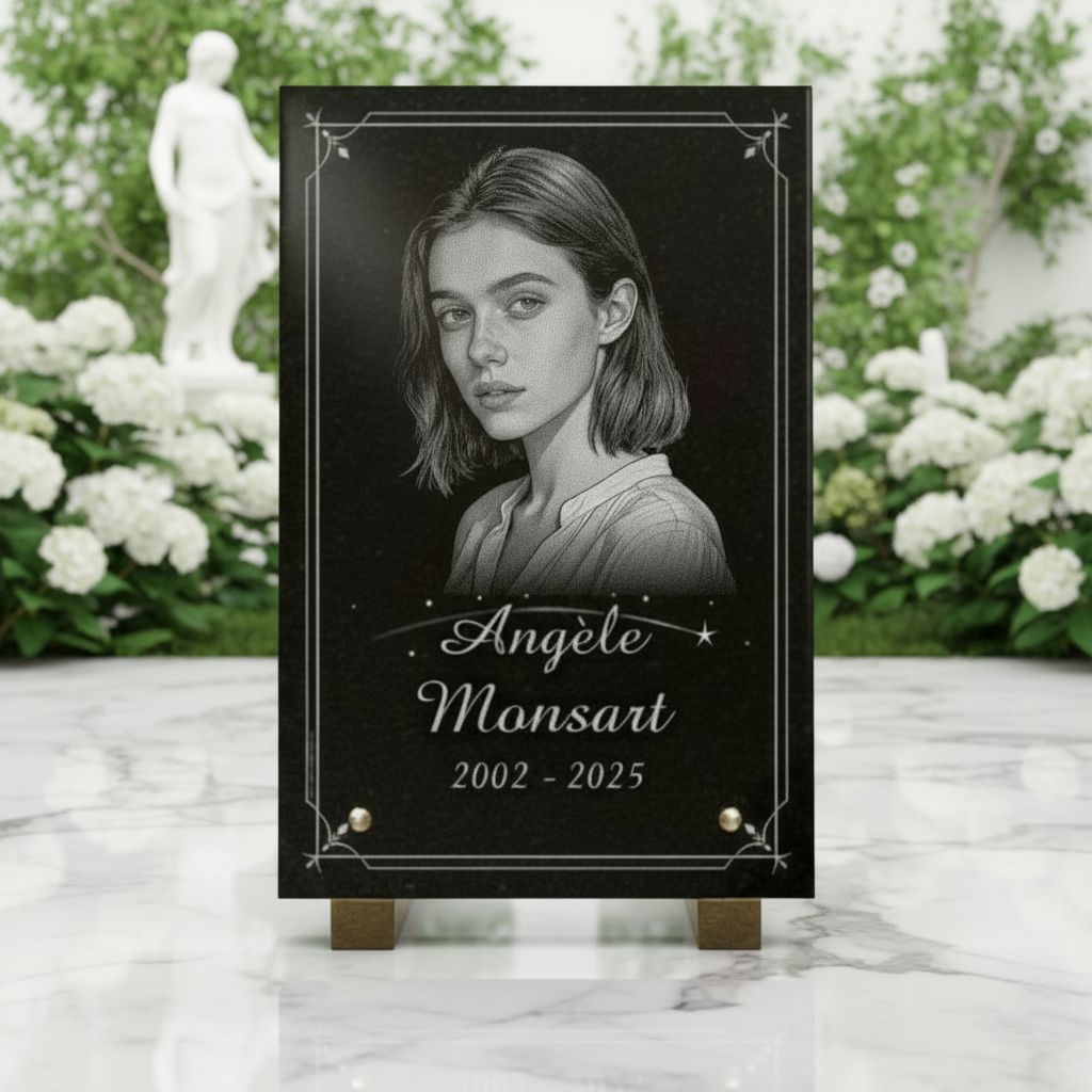 Plaque funéraire en granit avec photo gravée : portrait détaillé, décor d'étoile