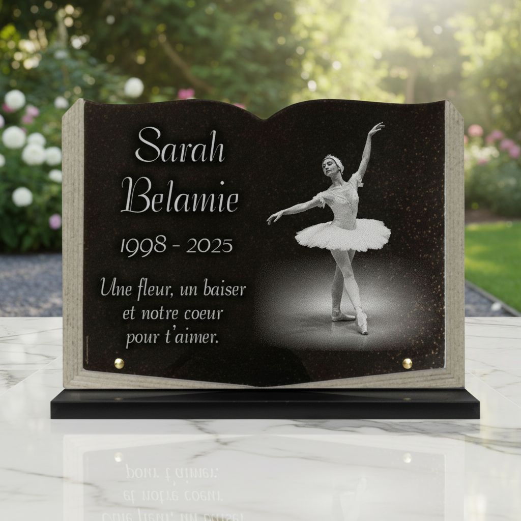 Plaque funéraire avec photo de danseuse en granit, forme livre sur socle
