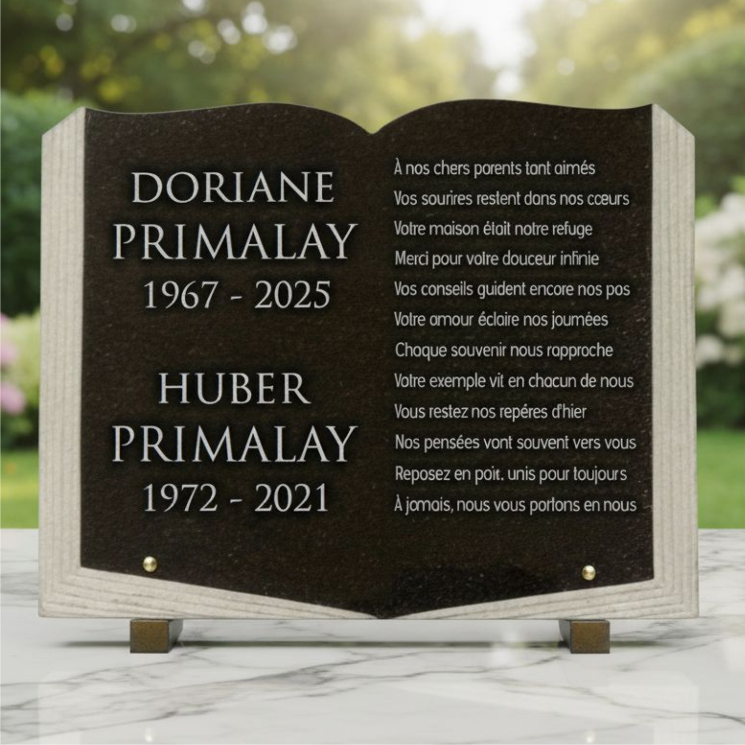 Plaque funéraire livre en granit massif personnalisable