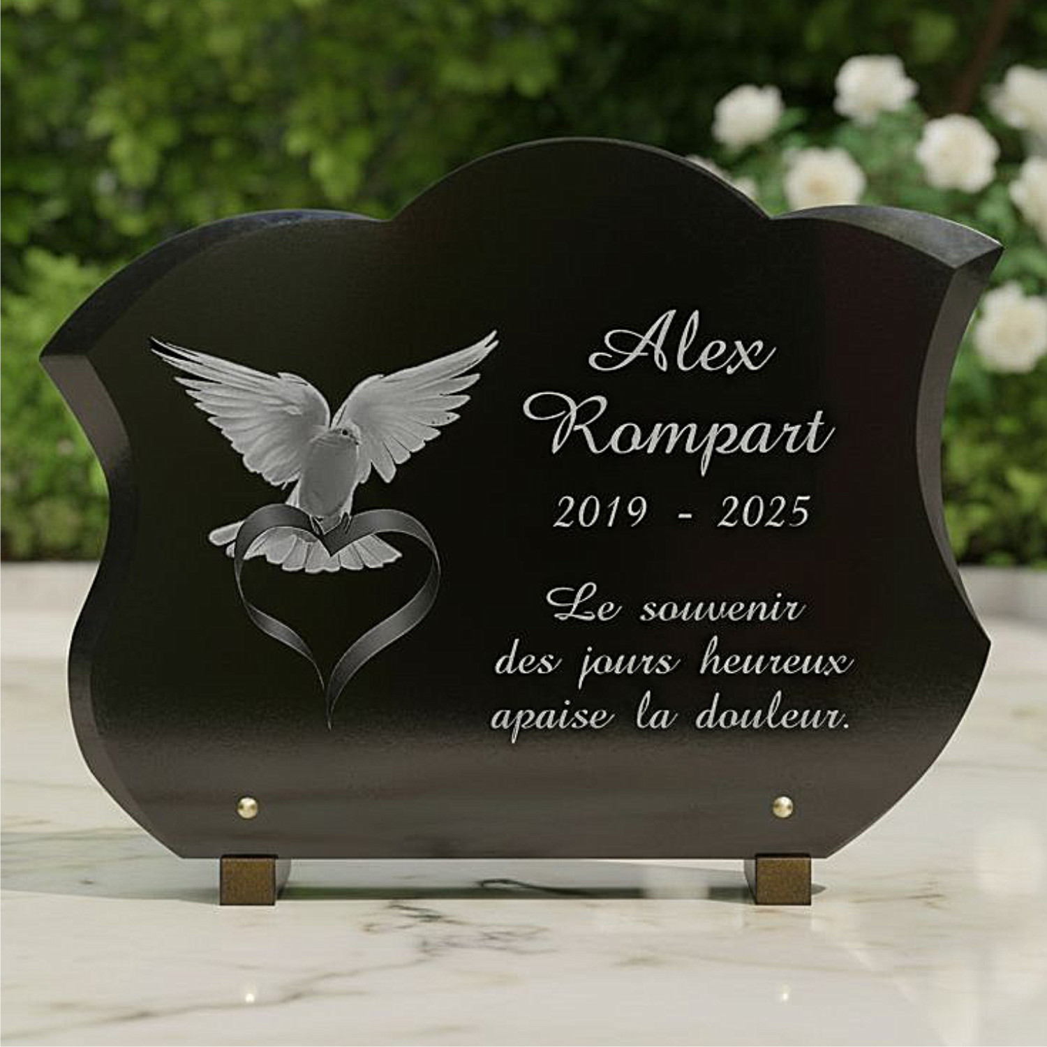 Plaque funéraire colombe en granit galbé 30x40 cm