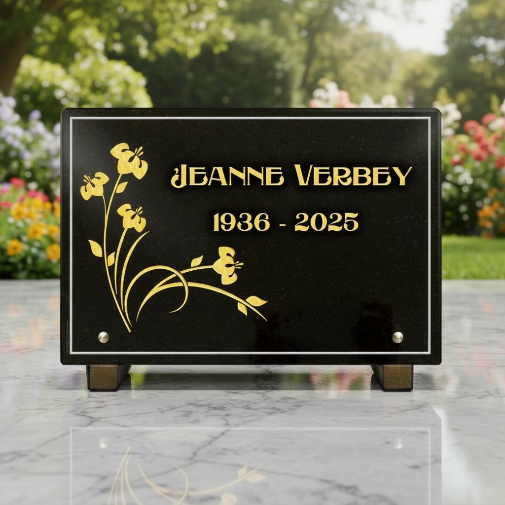 Plaque funéraire en granit avec dorure or 24 carats et fleurs