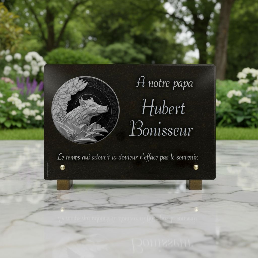 Plaque funéraire chasseur en granit avec sanglier gravé