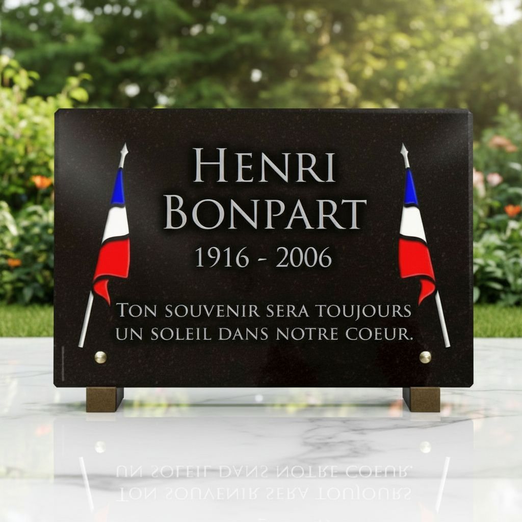 Plaque funéraire ancien combattant en granit avec drapeaux français