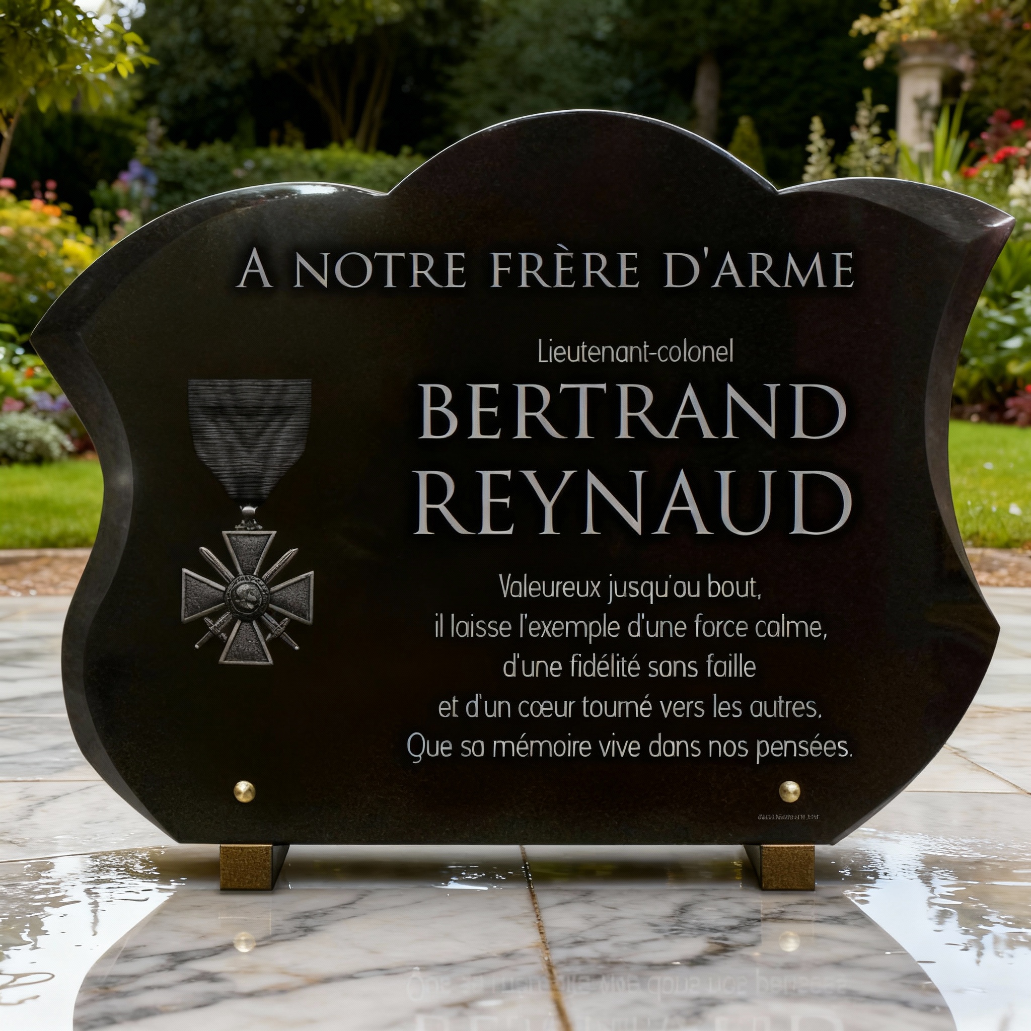 Plaque funéraire militaire en granit massif galbé (30 × 40 cm),  personnalisable