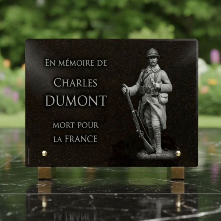 Plaque funéraire ancien combattant en granit (20 × 30 cm) ?Mort pour la France?