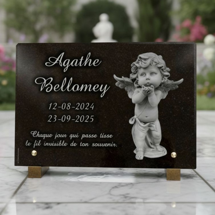Plaque funéraire enfant et bébé en granit noir (20 × 30 cm) Ange chérubin