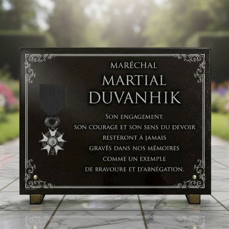 Plaque funéraire militaire en granit 30×40 avec médaille de la Légion d honneur