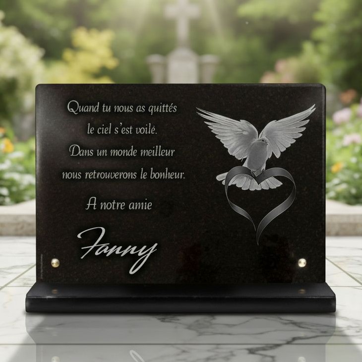 Plaque funéraire coeur et colombe en granit sur socle (40 × 30 cm)