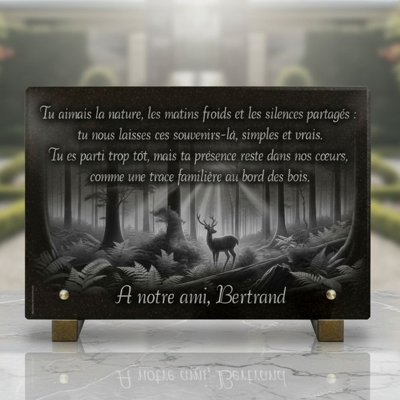 Plaque funéraire campagne en granit Forêt et cerf sur pieds métal (30 x 20 cm)