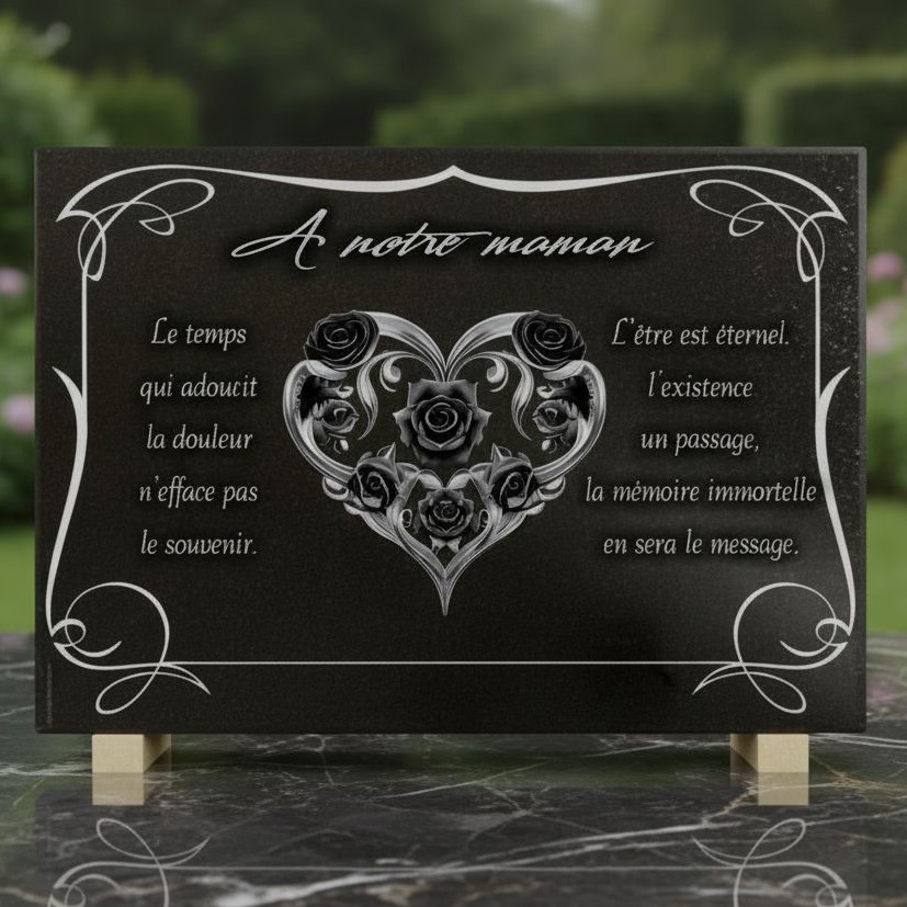 Plaque funéraire Coeur en granit noir , Roses gravées et bordure décorative