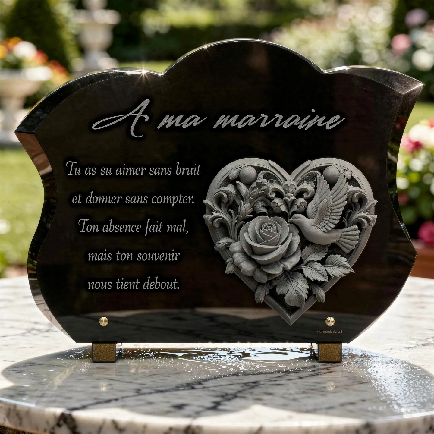 Plaque funéraire coeur, colombe et rose en granit massif (40 x 30 cm)