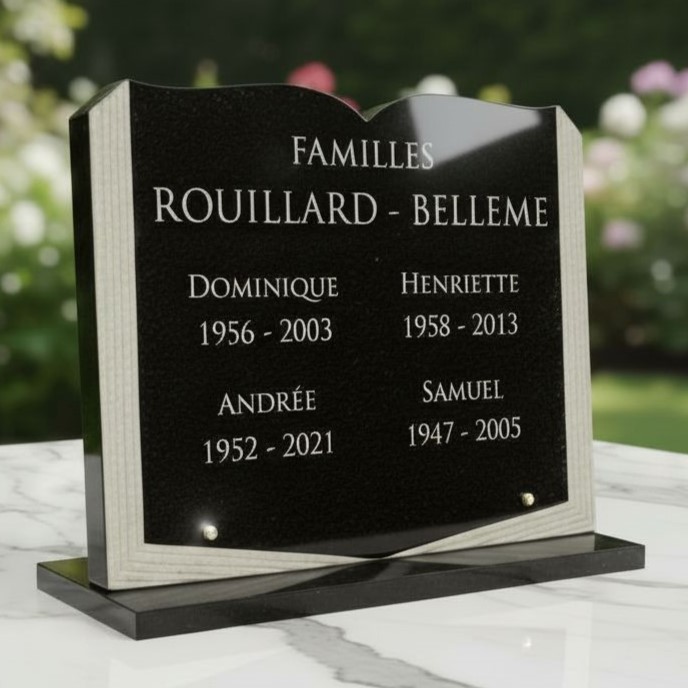 Plaque funéraire forme livre ouvert en granit sur socle (40 x 30 cm)