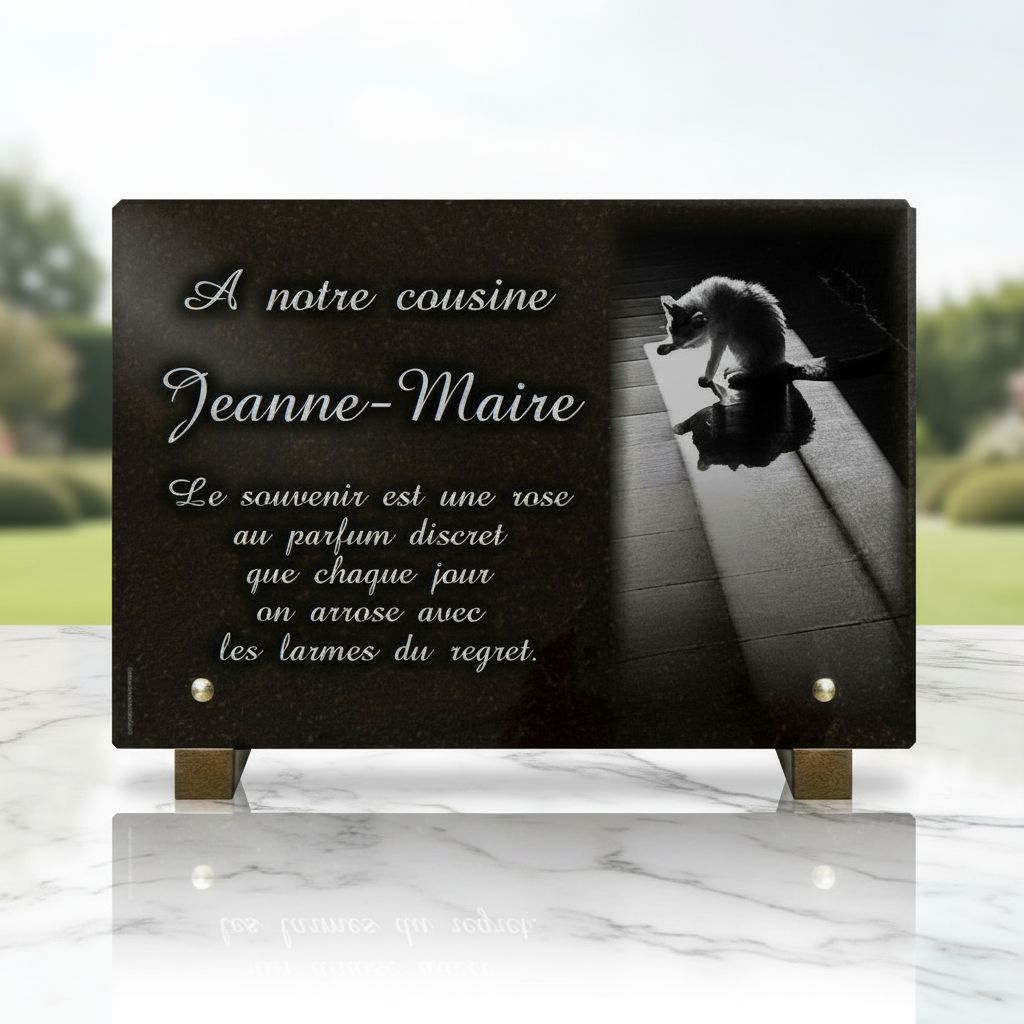 Plaque funéraire chat en granit galbé 30 x 20 cm sur pieds bronze