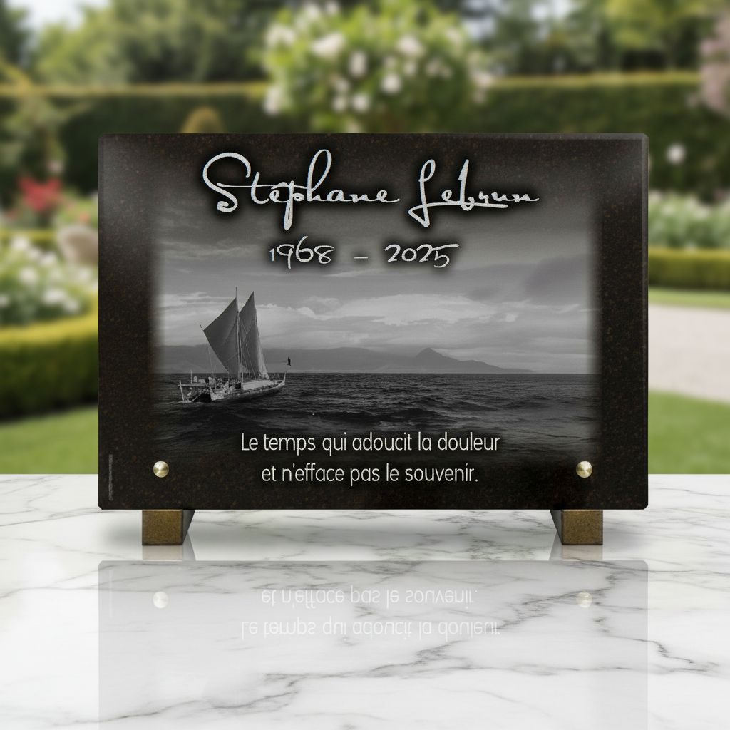Plaque funéraire bateau voilier en granit sur pieds bronze (20 × 30 cm)