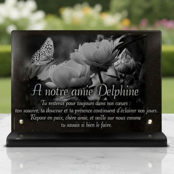 Plaque funéraire papillon en granit , Fleurs gravées sur socle (20 × 30 cm)