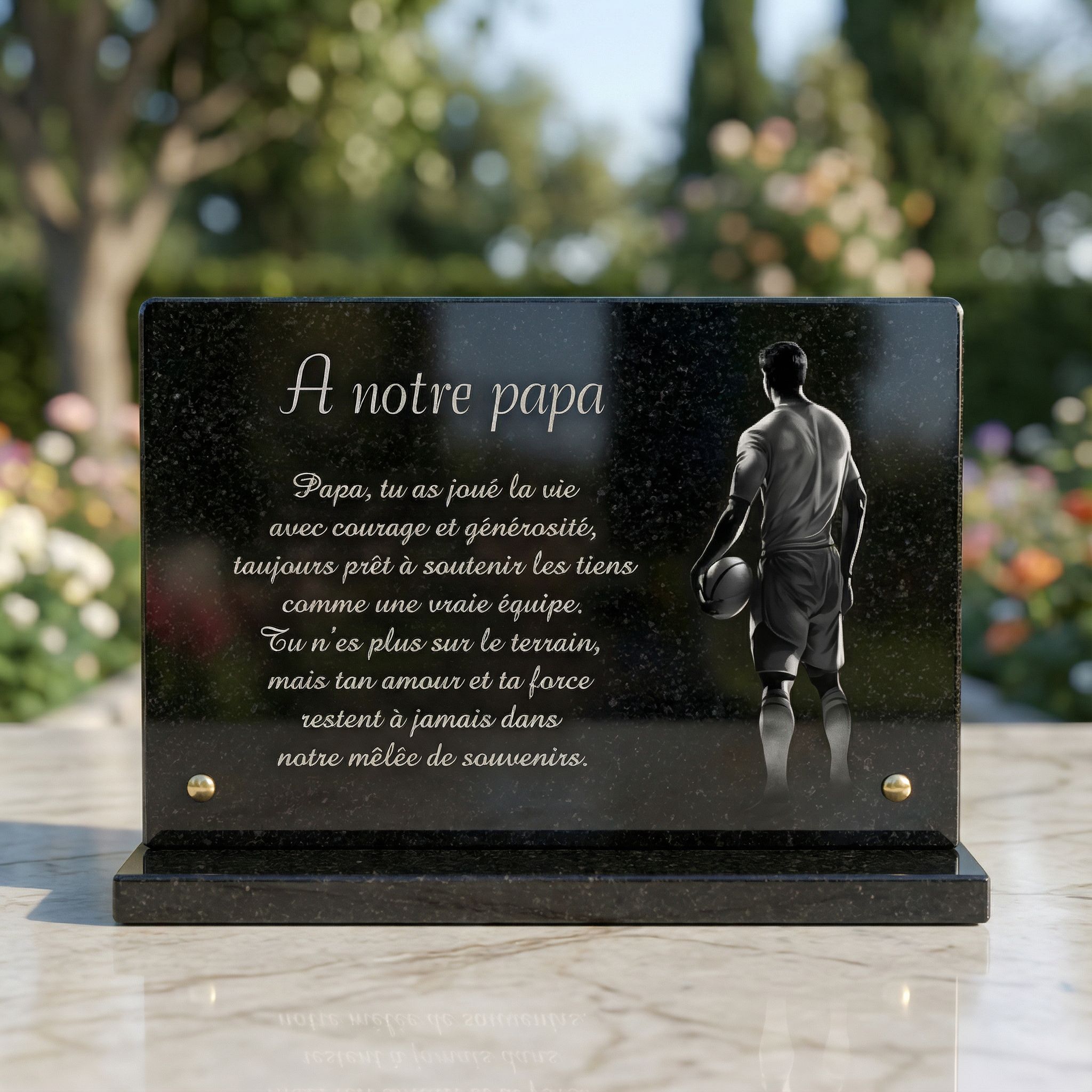 Plaque funéraire rugby en granit noir sur socle , 30 x 20 cm