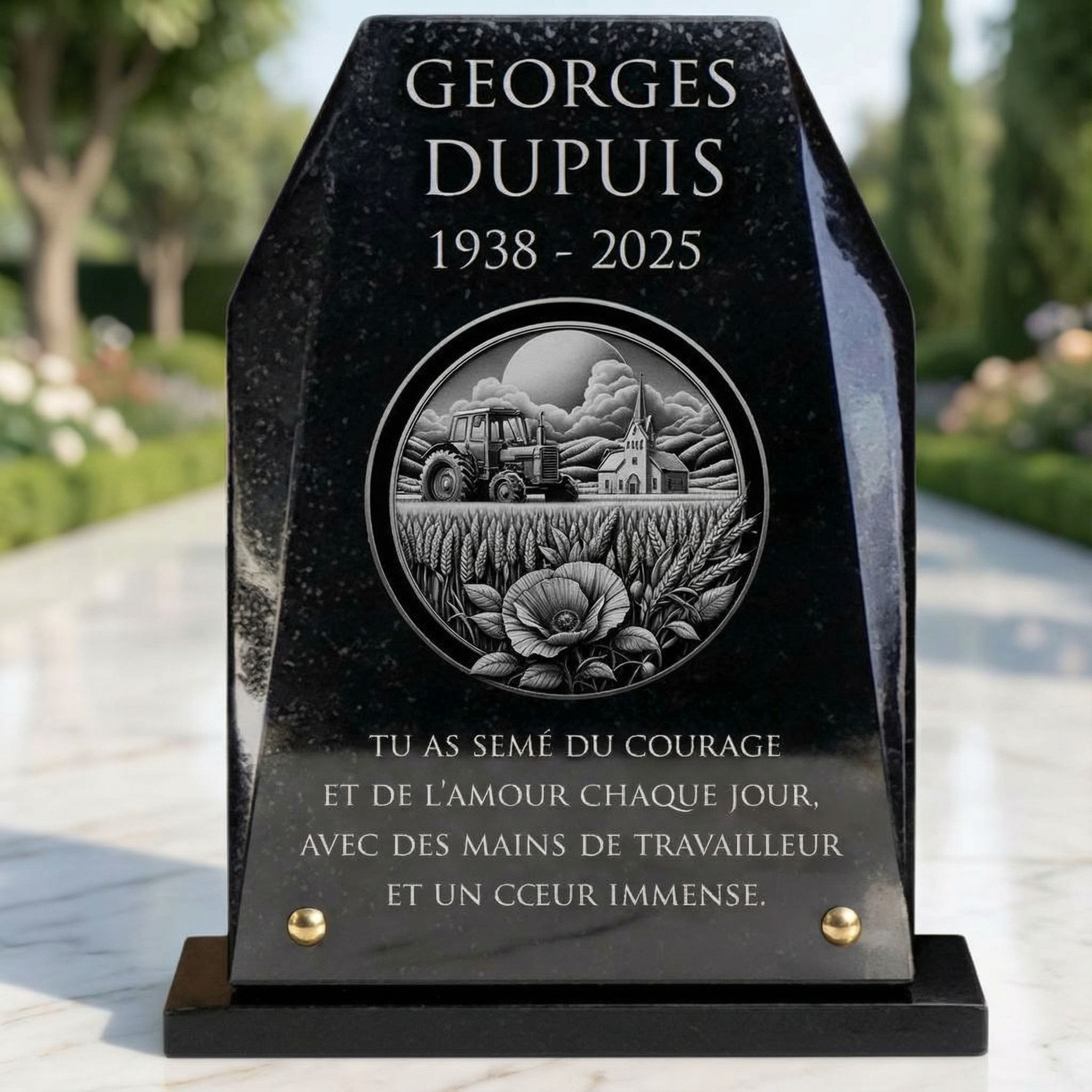 Plaque funéraire tracteur, champ de blés et coquelicot en granit