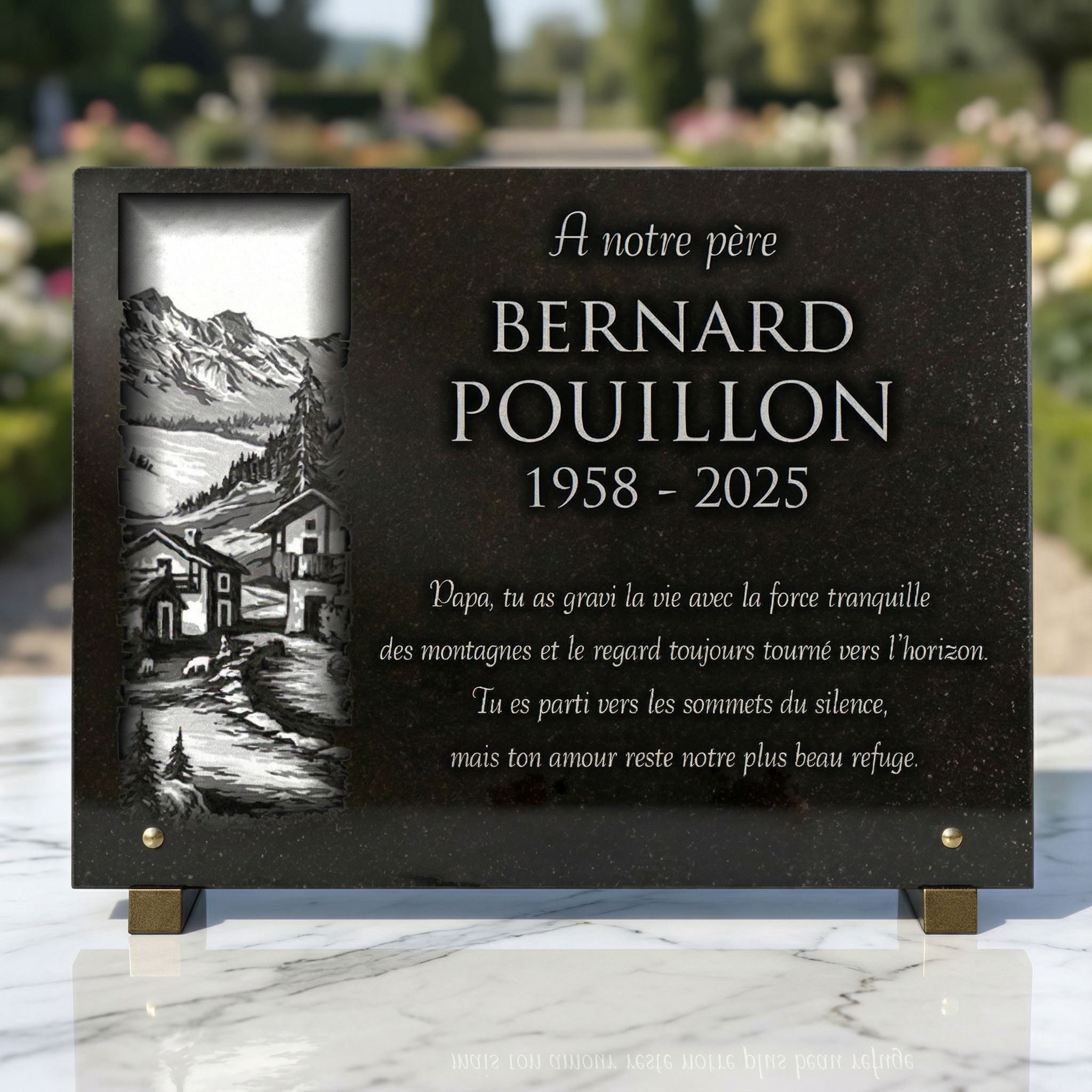 Plaque funéraire montagne en granit noir , Village et chalet de montagne