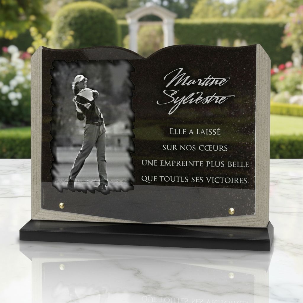Plaque funéraire livre avec golfeuse en granit poli sur socle (25 × 35 cm)