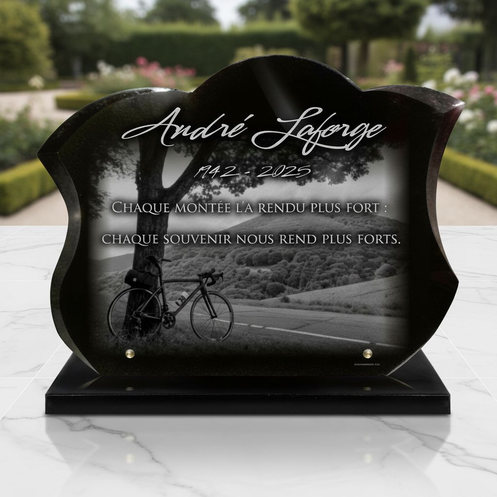 Plaque funéraire galbée thème cycliste en granit poli sur socle noir 40 × 30 cm
