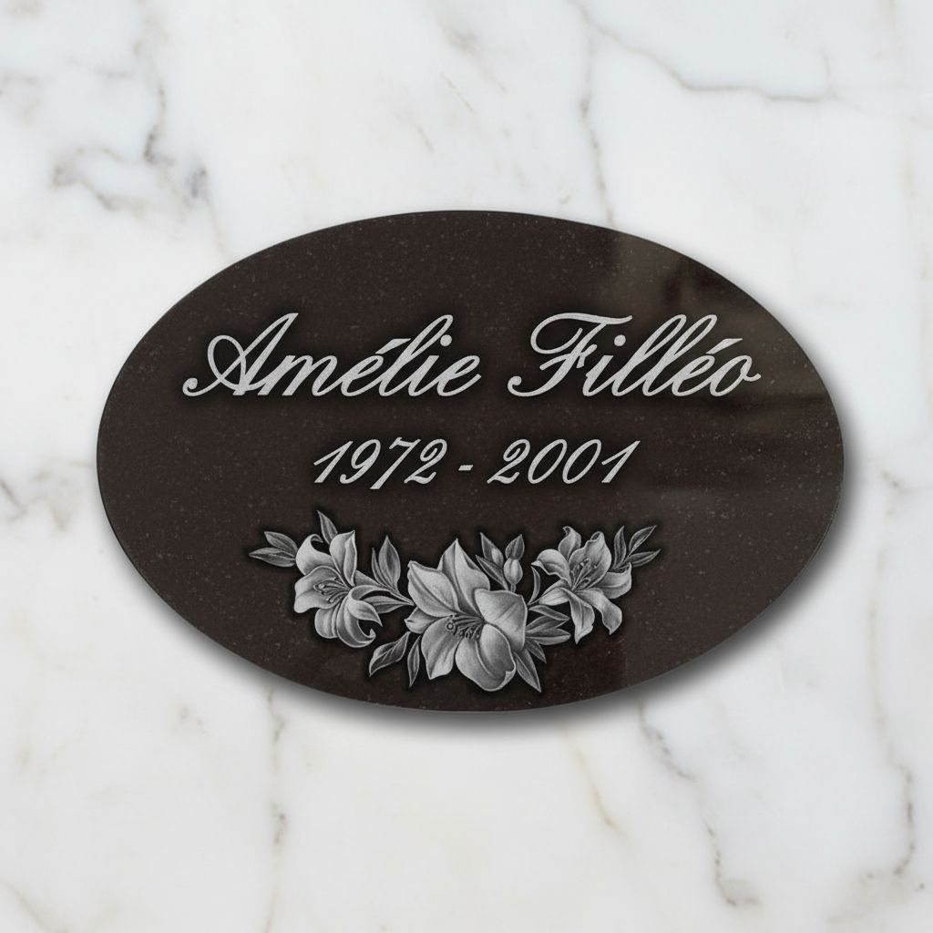Plaque funéraire à coller en granit noir ovale 20×30 cm , motif fleurs