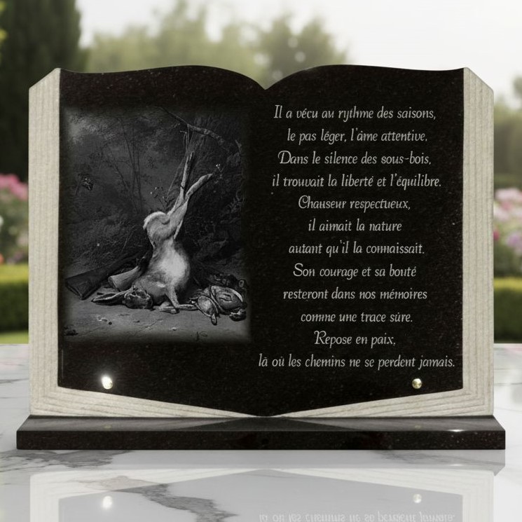 Plaque funéraire chasseur en granit, Livre ouvert avec lièvre, perdrix et fusil