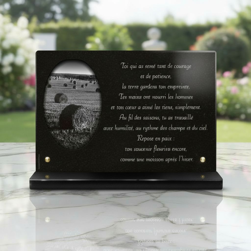 Plaque funéraire thème agriculteur et cultivateur en granit poli sur socle